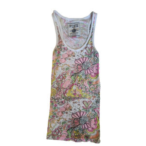 Vintage Women's Y2K PINK White & Pink Floral Whimsy Boho Ribbed Tank Top S
